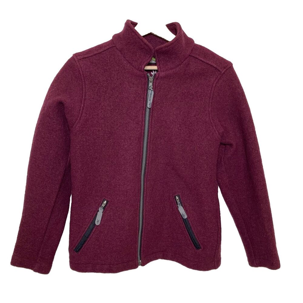 Ibex 100% Wool Full Zip Thick Jacket Womens Small Outdoor Hiking USA Burgundy
